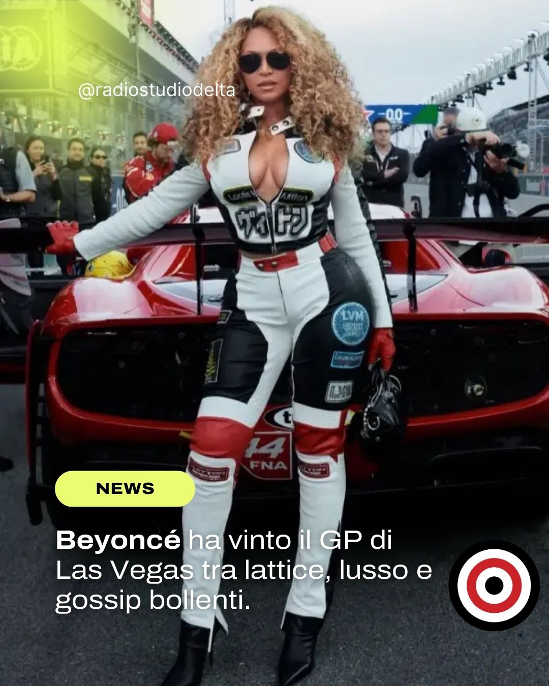 Beyoncé al GP di Las Vegas: lattice provocante e serbatoio incorporato