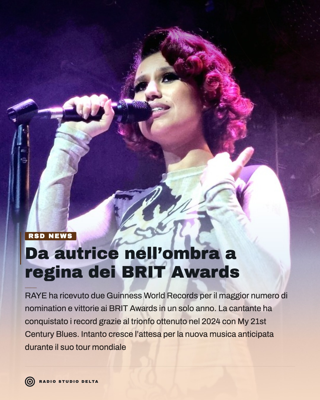 RAYE ha ricevuto due Guinness World Records per il maggior numero di nomination e vittorie ai BRIT Awards in un solo anno.La cantante ha conquistato i record grazie al trionfo ottenuto nel 2024 con My 21st Century Blues.Intanto cresce l’attesa per la nuova musica anticipata durante il suo tour mondiale