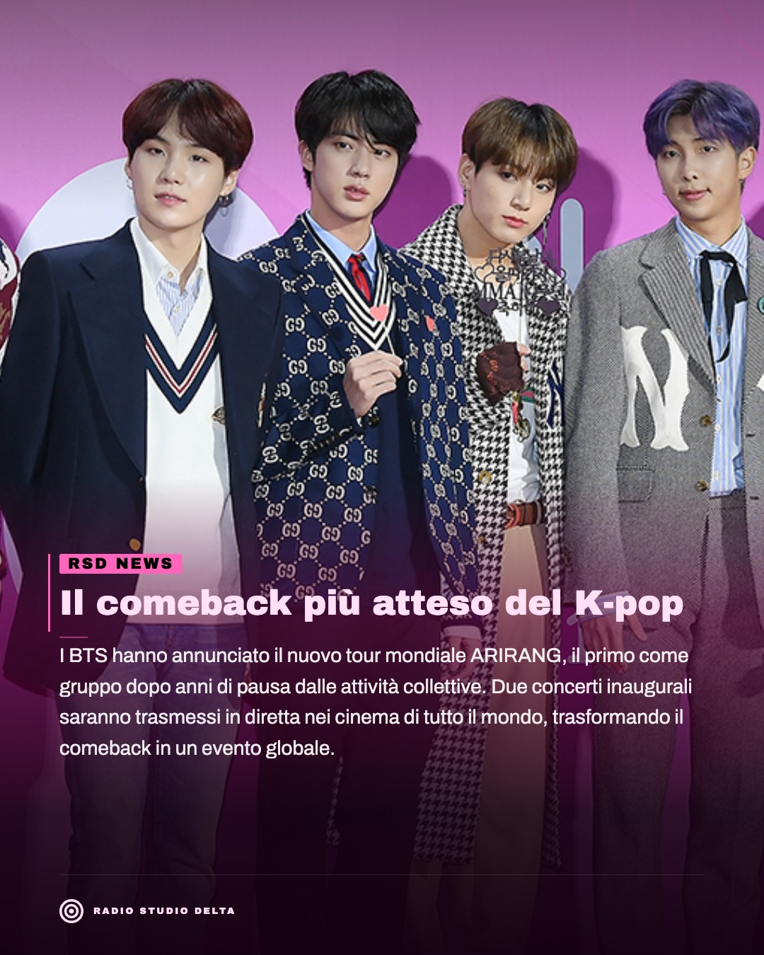 I BTS hanno annunciato il nuovo tour mondiale ARIRANG, il primo come gruppo dopo anni di pausa dalle attività collettive.Due concerti inaugurali saranno trasmessi in diretta nei cinema di tutto il mondo, trasformando il comeback in un evento globale.