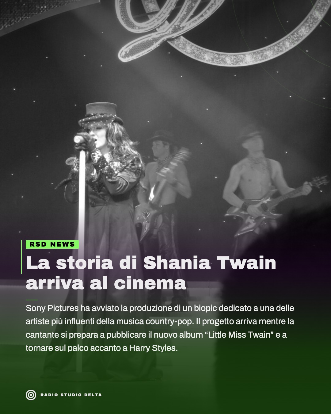 Sony Pictures ha avviato la produzione di un biopic dedicato a una delle artiste più influenti della musica country-pop. Il progetto arriva mentre la cantante si prepara a pubblicare il nuovo album “Little Miss Twain” e a tornare sul palco accanto a Harry Styles.